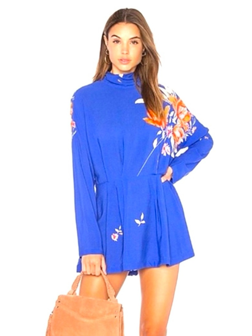 Free People Cobalt Blue Floral High-Neck Mini Dress